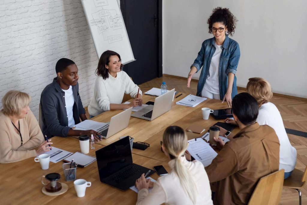 Team meeting in an open-plan office