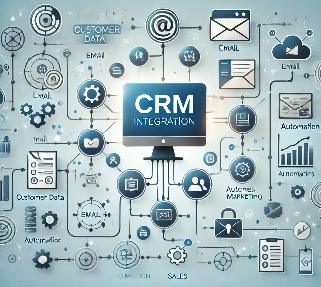 Central CRM dashboard on a desktop screen with interconnected platform icons and data flow lines