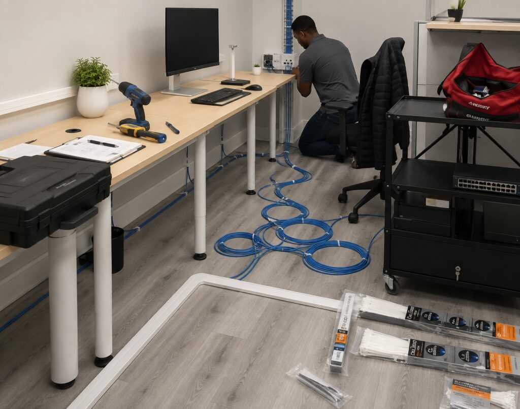 Technician installing office network cabling and switches for reliable business connectivity