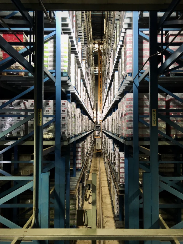 Warehouse shelving at a Brampton logistics business supported by managed IT